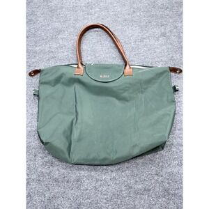 Delsey Paris Green Nylon Travel Tote Bag Brown Faux Leather Trim Large Shoulder